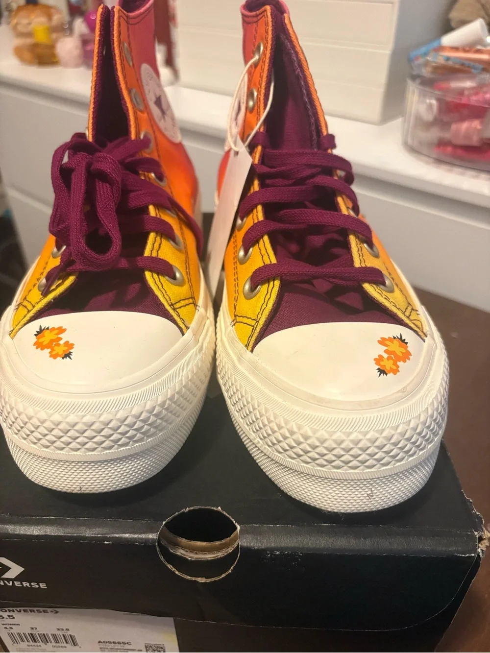 Women’s Gradient High-Top Canvas Sneakers in Yellow-Orange with Burgundy Laces